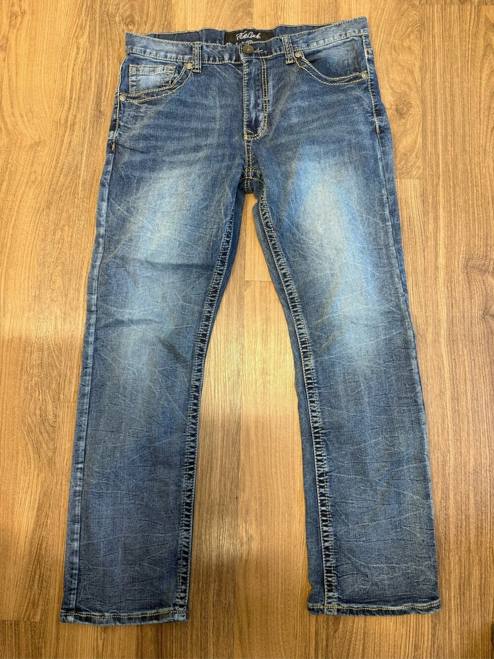 True Luck Jeans Mens 34x32 Blue Straight Leg Thick Stitch Denim Pants